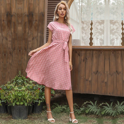 Summer Polka Dot Short Sleeve Pleated Dress - www.Shopthatapp.com