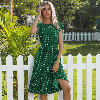 Summer Polka Dot Short Sleeve Pleated Dress - www.Shopthatapp.com