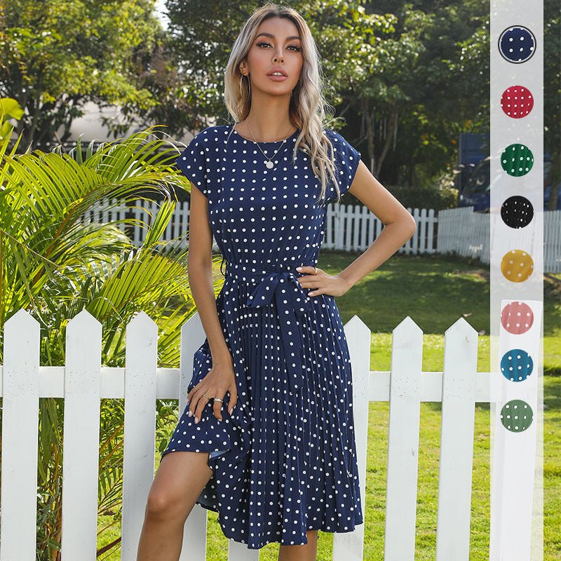 Summer Polka Dot Short Sleeve Pleated Dress - www.Shopthatapp.com