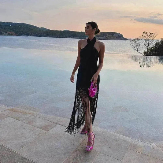 Tassel Hangings Collar Linen Dress - www.Shopthatapp.com