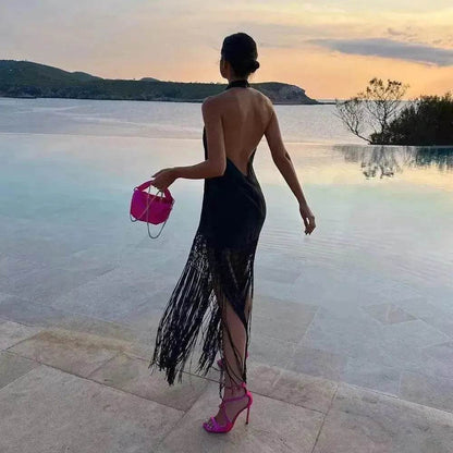 Tassel Hangings Collar Linen Dress - www.Shopthatapp.com