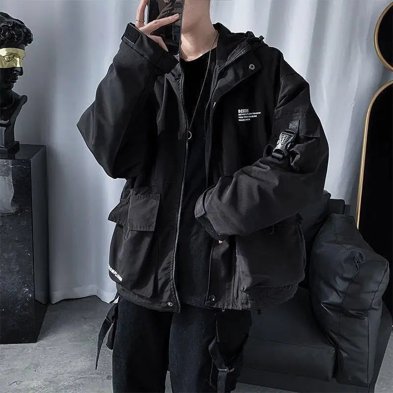 Techwear Jackets Coats Streetwear Cardigan Casual Bomber Outerwear Hooded Letter Multi-pocket For Men - www.Shopthatapp.com