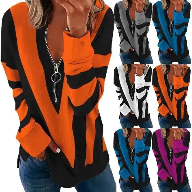 Temperament Chest Zipper V Printed Long Sleeve T-shirt - www.Shopthatapp.com