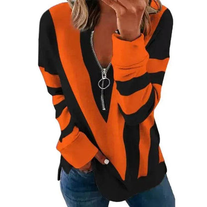 Temperament Chest Zipper V Printed Long Sleeve T-shirt - www.Shopthatapp.com