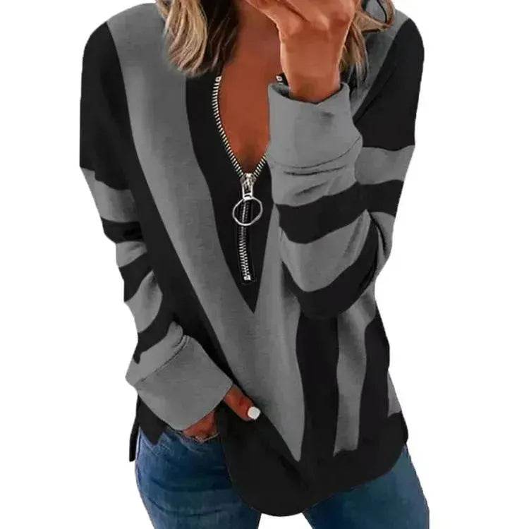Temperament Chest Zipper V Printed Long Sleeve T-shirt - www.Shopthatapp.com