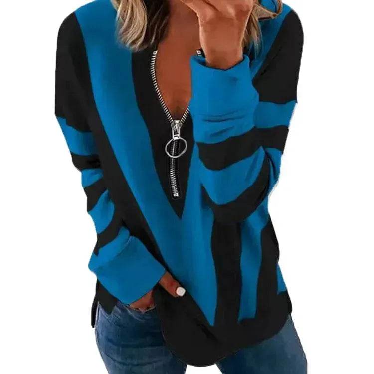Temperament Chest Zipper V Printed Long Sleeve T-shirt - www.Shopthatapp.com