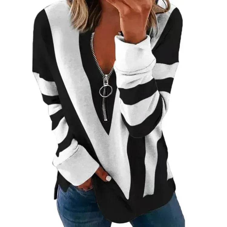 Temperament Chest Zipper V Printed Long Sleeve T-shirt - www.Shopthatapp.com