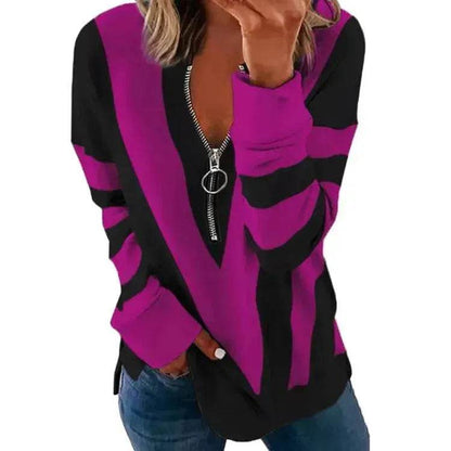 Temperament Chest Zipper V Printed Long Sleeve T-shirt - www.Shopthatapp.com