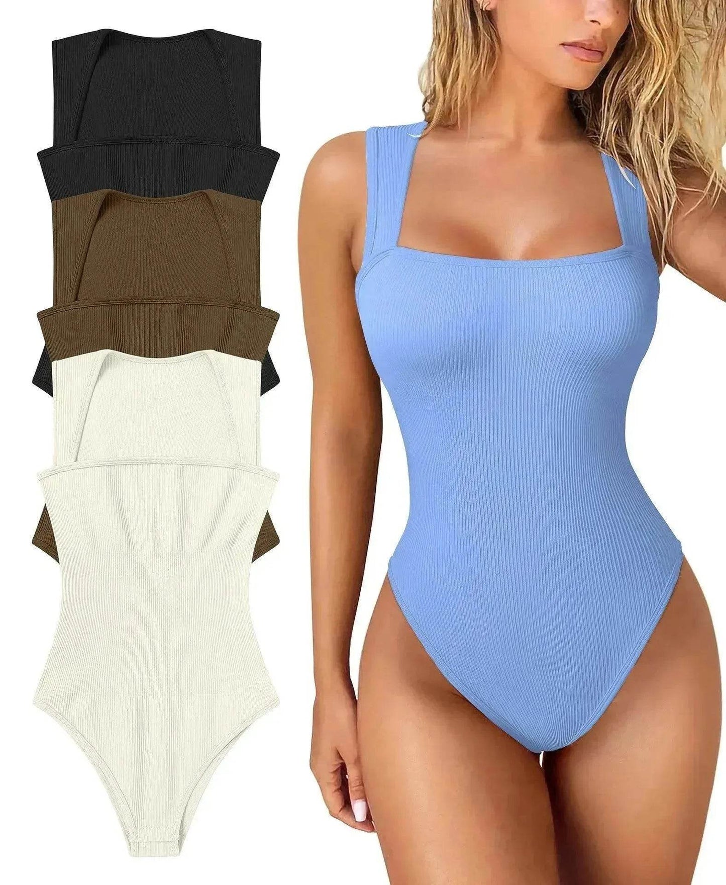 Thread Square Neck Jumpsuit Sleeveless Slim Fit Tank Top Summer Shapewear - www.Shopthatapp.com