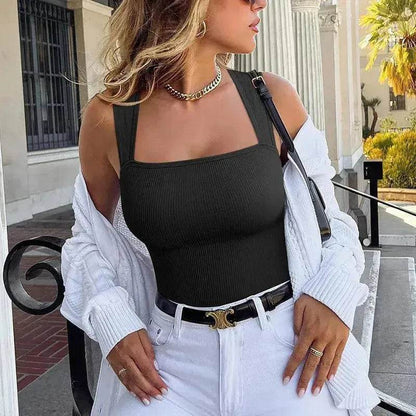 Thread Square Neck Jumpsuit Sleeveless Slim Fit Tank Top Summer Shapewear - www.Shopthatapp.com