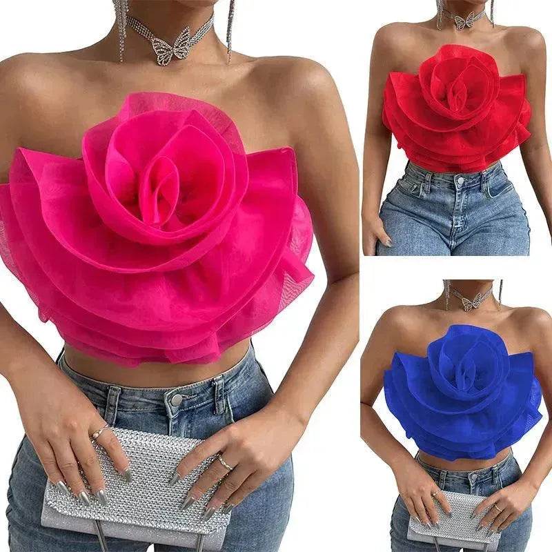 Three-dimensional Organza Flower Small Sling Chest-wrapped Vest - www.Shopthatapp.com