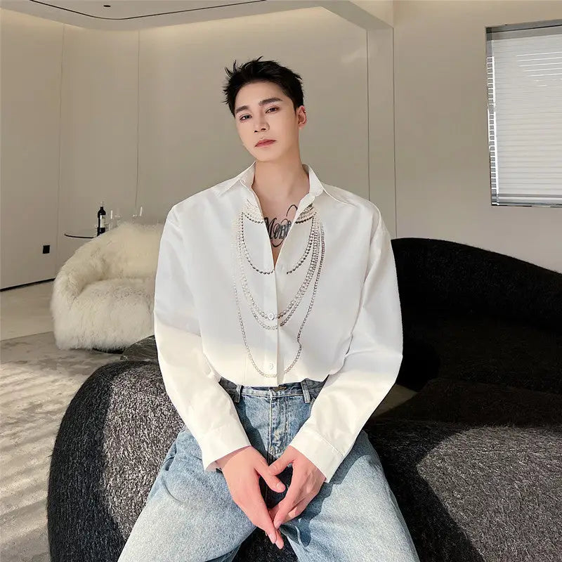 Tide Three-dimensional Pearl Necklace Printed Loose Lazy Shirt For Men - www.Shopthatapp.com