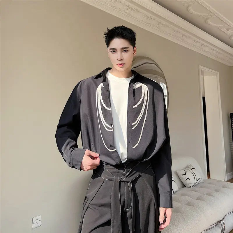 Tide Three-dimensional Pearl Necklace Printed Loose Lazy Shirt For Men - www.Shopthatapp.com