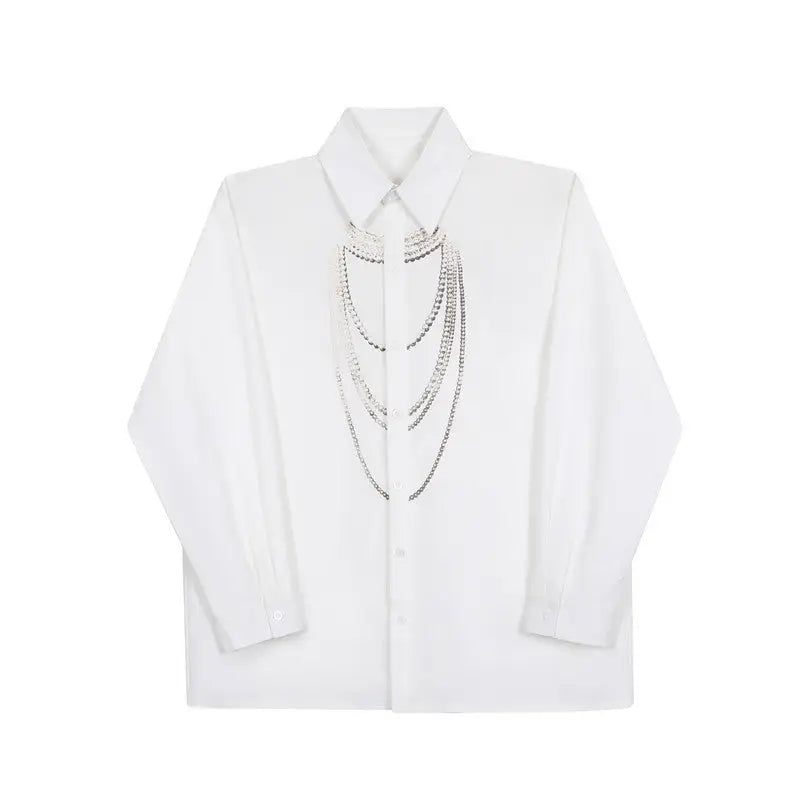 Tide Three-dimensional Pearl Necklace Printed Loose Lazy Shirt For Men - www.Shopthatapp.com