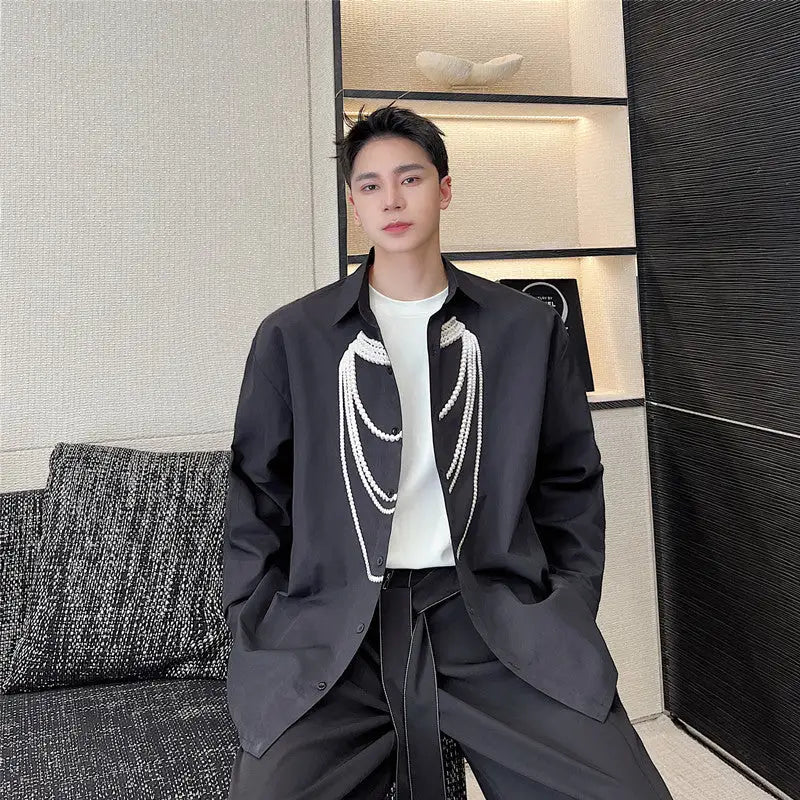 Tide Three-dimensional Pearl Necklace Printed Loose Lazy Shirt For Men - www.Shopthatapp.com