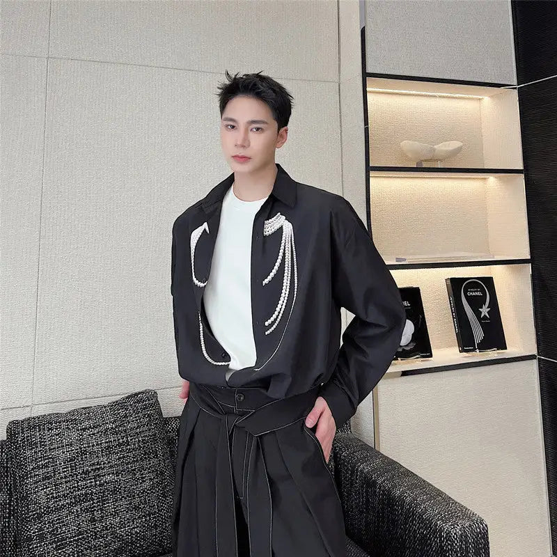 Tide Three-dimensional Pearl Necklace Printed Loose Lazy Shirt For Men - www.Shopthatapp.com