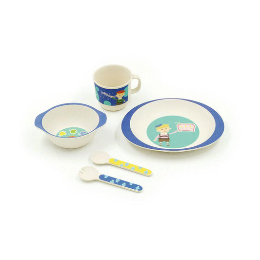 Toddler meal set blue featuring a plate, bowl, cup, and utensils with playful character designs