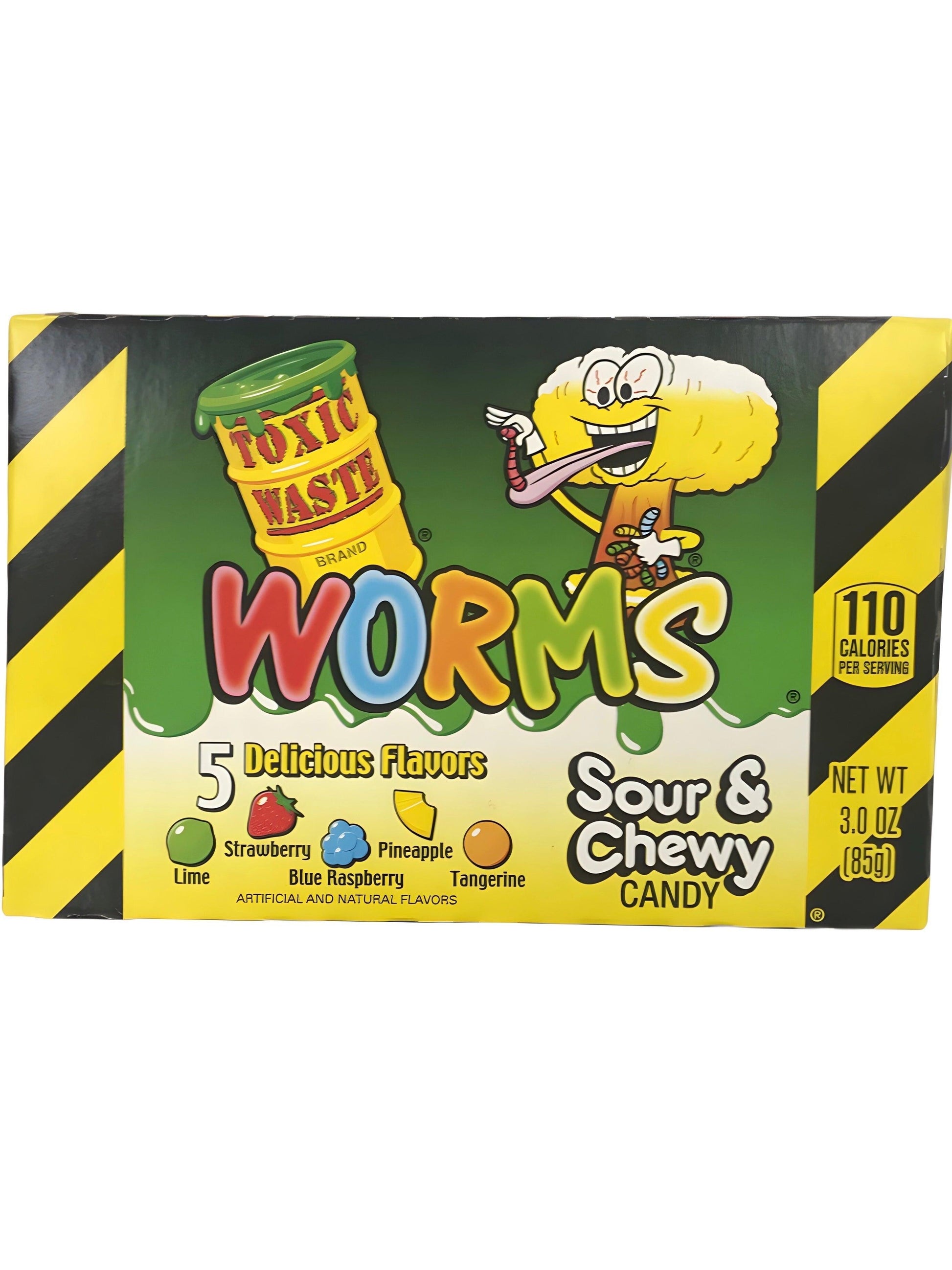 Toxic Waste Worms Sour & Chewy Candy Theatre Box 3OZ - BB 02/24 - www.Shopthatapp.com
