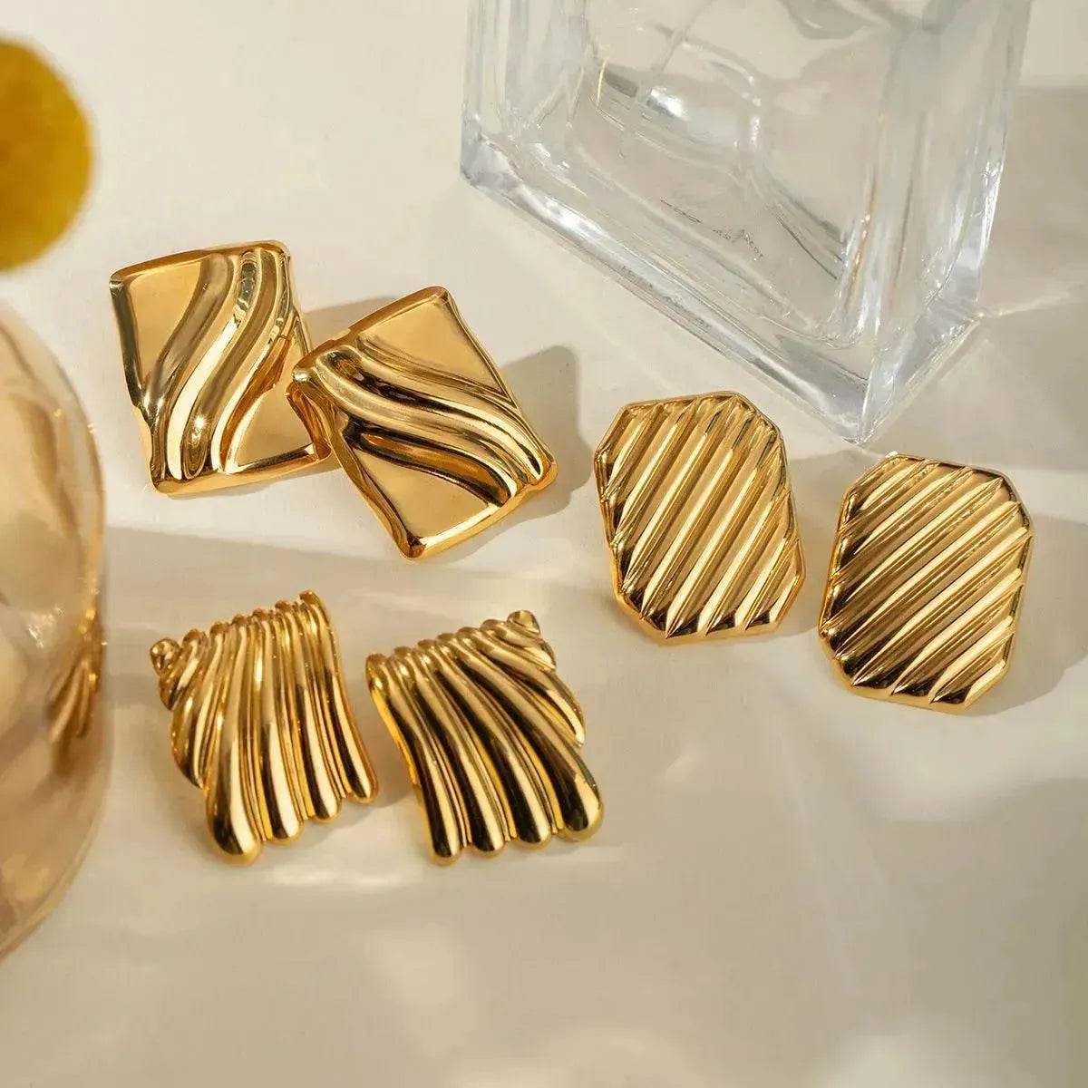 Trendy 18K Gold Stainless Steel Cube Wave Stud Earrings for Women Wedding Earrings - www.Shopthatapp.com