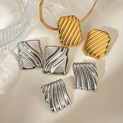 Trendy 18K Gold Stainless Steel Cube Wave Stud Earrings for Women Wedding Earrings - www.Shopthatapp.com