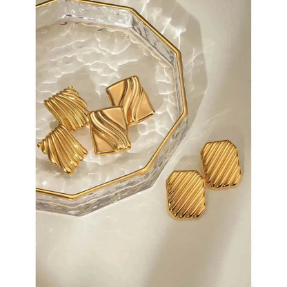 Trendy 18K Gold Stainless Steel Cube Wave Stud Earrings for Women Wedding Earrings - www.Shopthatapp.com