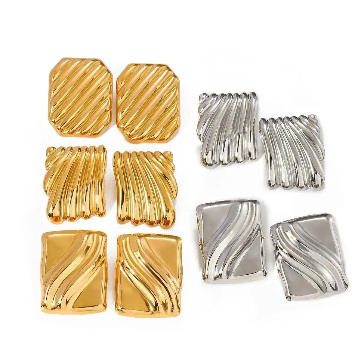 Trendy 18K Gold Stainless Steel Cube Wave Stud Earrings for Women Wedding Earrings - www.Shopthatapp.com