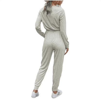 TTFN WOMEN'S LONGSLEEVE ROMPER JUMPSUIT WITH CROSS OVER SNAP CLOSURE - www.Shopthatapp.com