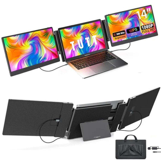 TUTT 14” FHD Portable Monitor – S3 Triple Screen Extender, IPS, Built-in Stand & Speakers | All Devices Compatible with Converter Cable (H5 Included)