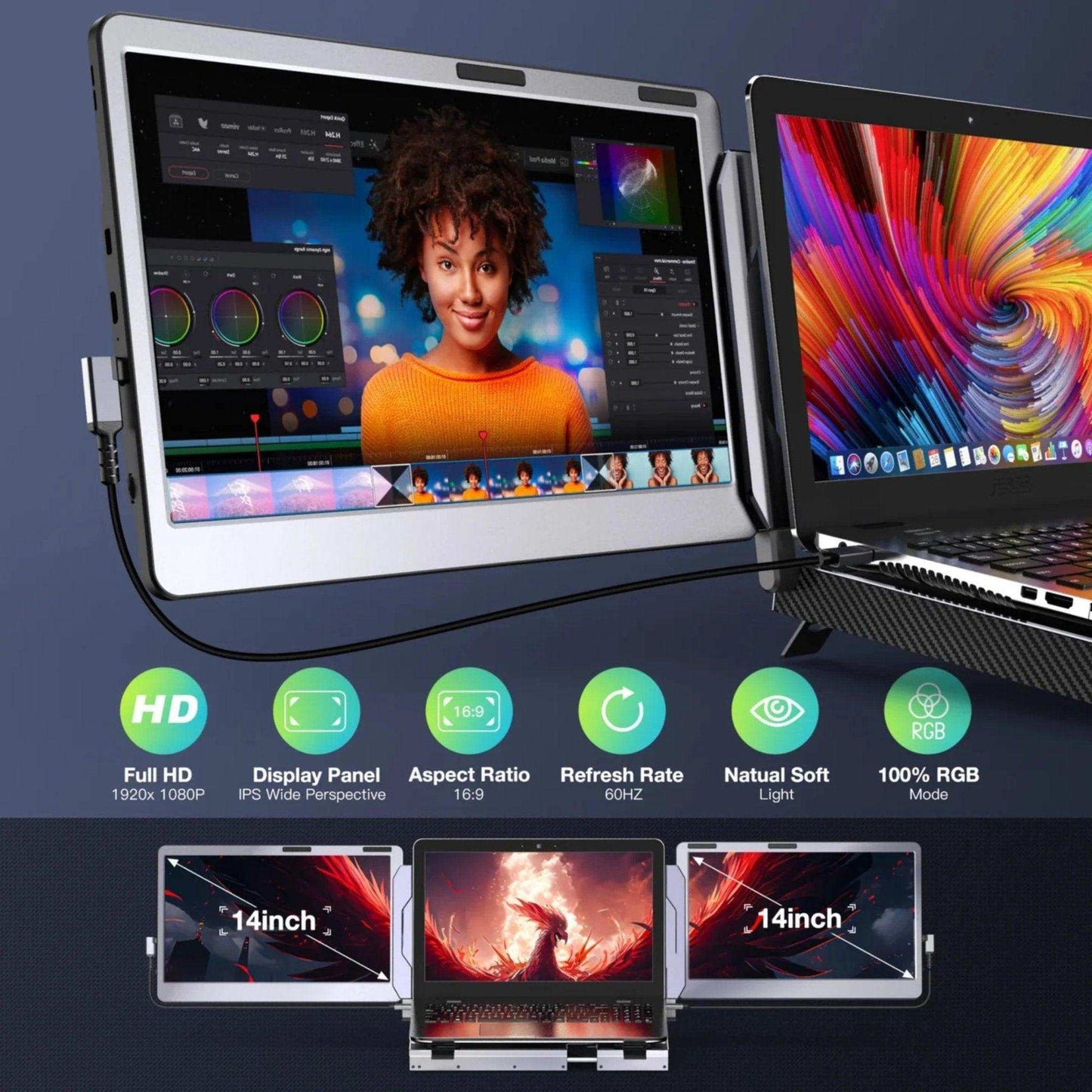 TUTT 14'' Portable Monitor | Laptop Base | 360° Rotation Stand, Multi-Position | F3 for 12-17” Laptop Built-In Speaker | All Devices Compatible with Converter Cable (H5 Included)