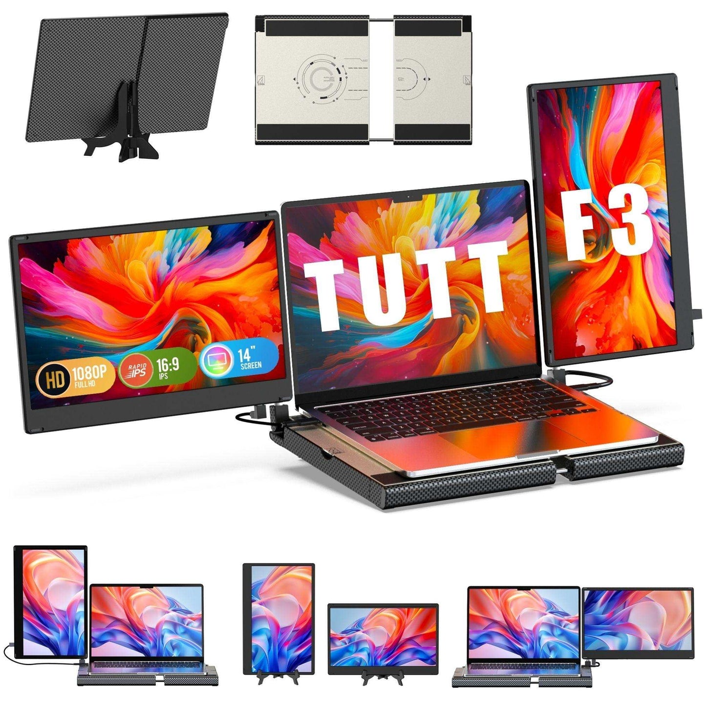 TUTT 14'' Portable Monitor | Laptop Base | 360° Rotation Stand, Multi-Position | F3 for 12-17” Laptop Built-In Speaker | All Devices Compatible with Converter Cable (H5 Included)