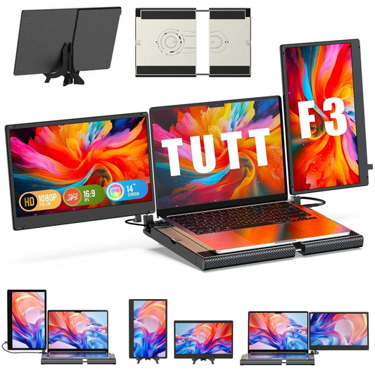 TUTT 14'' Portable Monitor | Laptop Base | 360° Rotation Stand, Multi-Position | F3 for 12-17” Laptop Built-In Speaker | All Devices Compatible with Converter Cable (H5 Included)