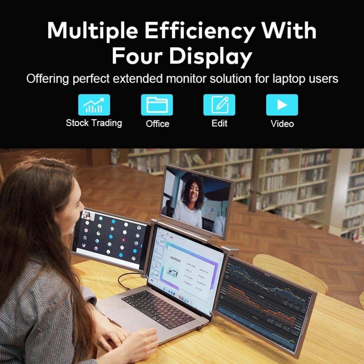 TUTT 14” Triple Portable Monitor | Single Cable Setup 16:10 Ratio | Laptop Quad Screen Extender | S780