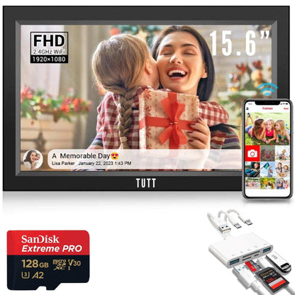 TUTT 15.6” Digital Photo Frame | WiFi IPS Touch Screen, Internal 32 GB | Frameo App | Tabletop or Wall-Mounted | 128GB Micro SD SanDisk + 5 in 1 Card Reader