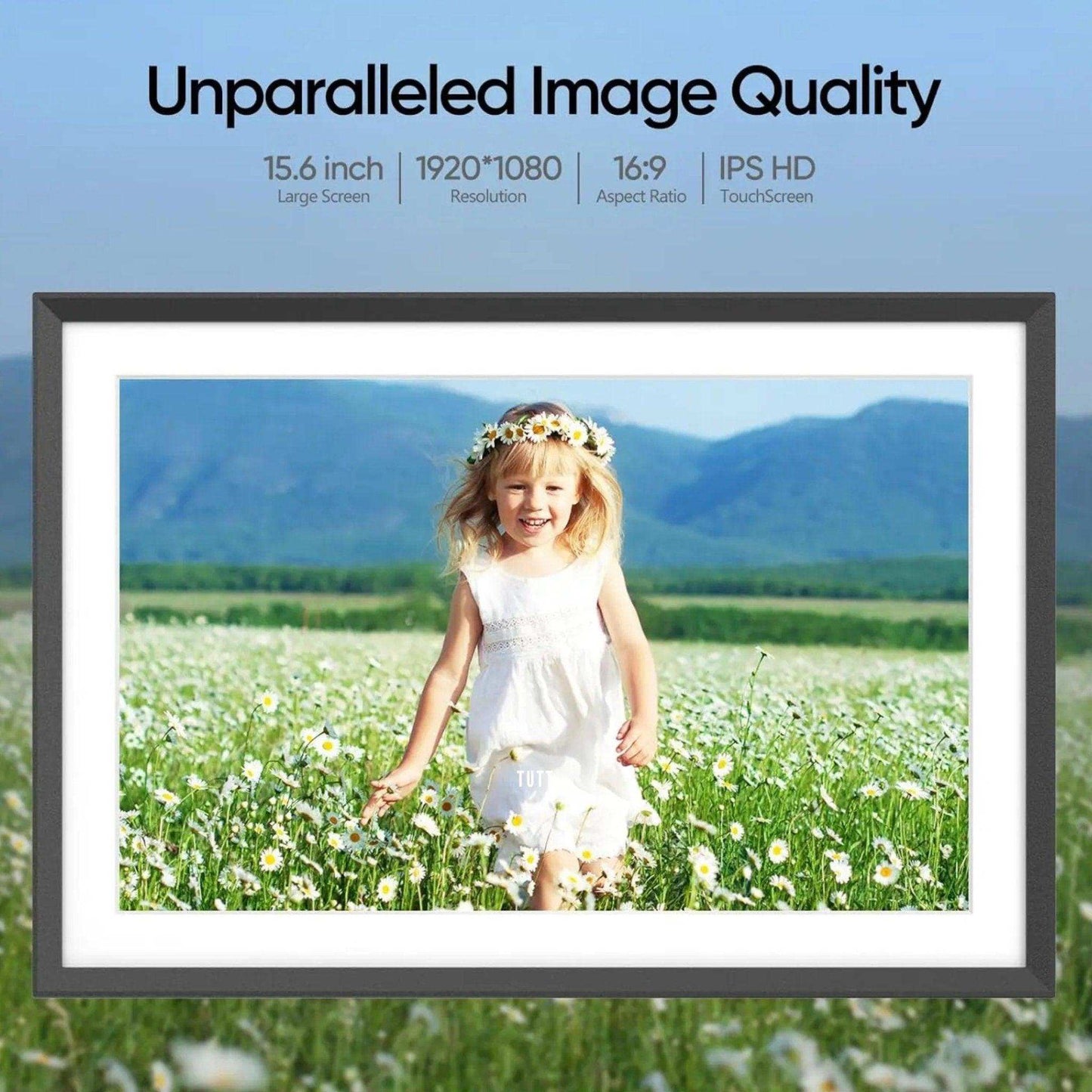 TUTT 15.6” Digital Photo Frame | WiFi IPS Touch Screen, Internal 32 GB | Frameo App | Tabletop or Wall-Mounted | 128GB Micro SD SanDisk + 5 in 1 Card Reader