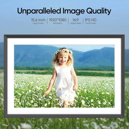 TUTT 15.6” Digital Photo Frame | WiFi IPS Touch Screen, Internal 32 GB | Frameo App | Tabletop or Wall-Mounted | 128GB Micro SD SanDisk + 5 in 1 Card Reader