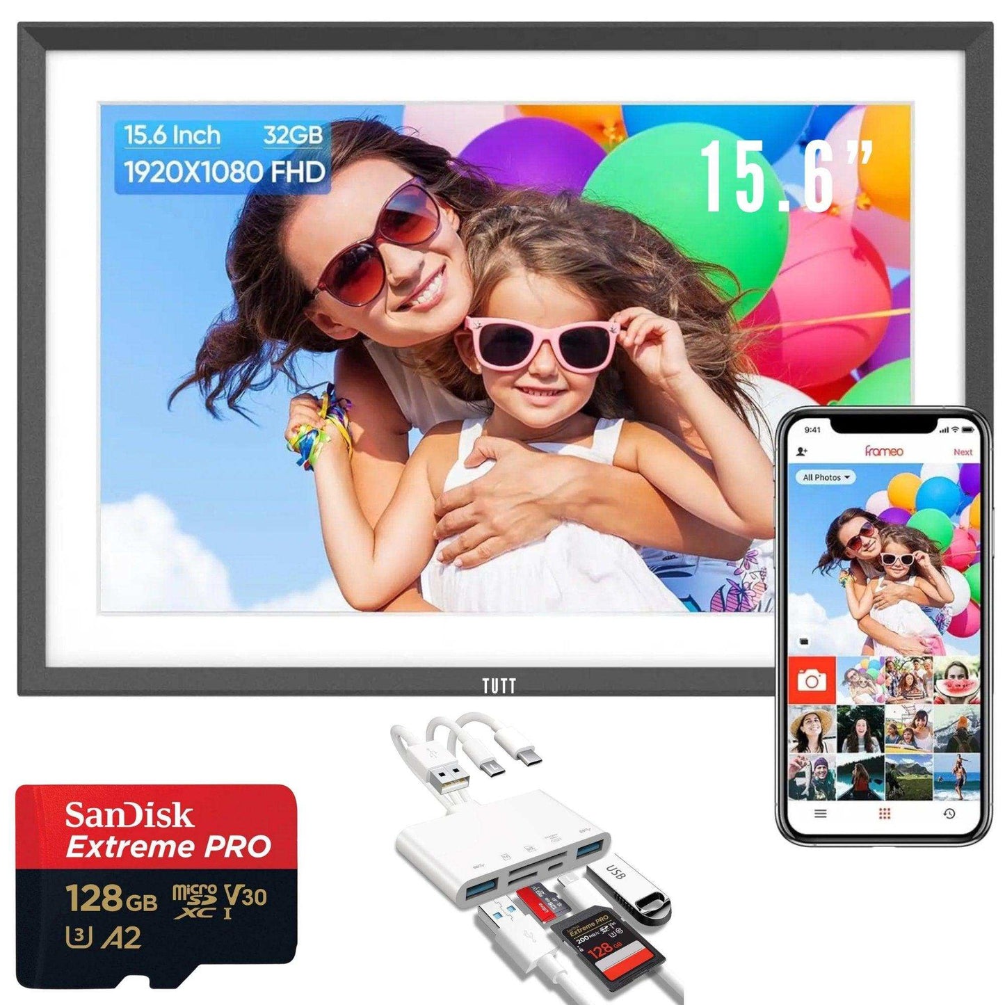 TUTT 15.6” Digital Photo Frame | WiFi IPS Touch Screen, Internal 32 GB | Frameo App | Tabletop or Wall-Mounted | 128GB Micro SD SanDisk + 5 in 1 Card Reader