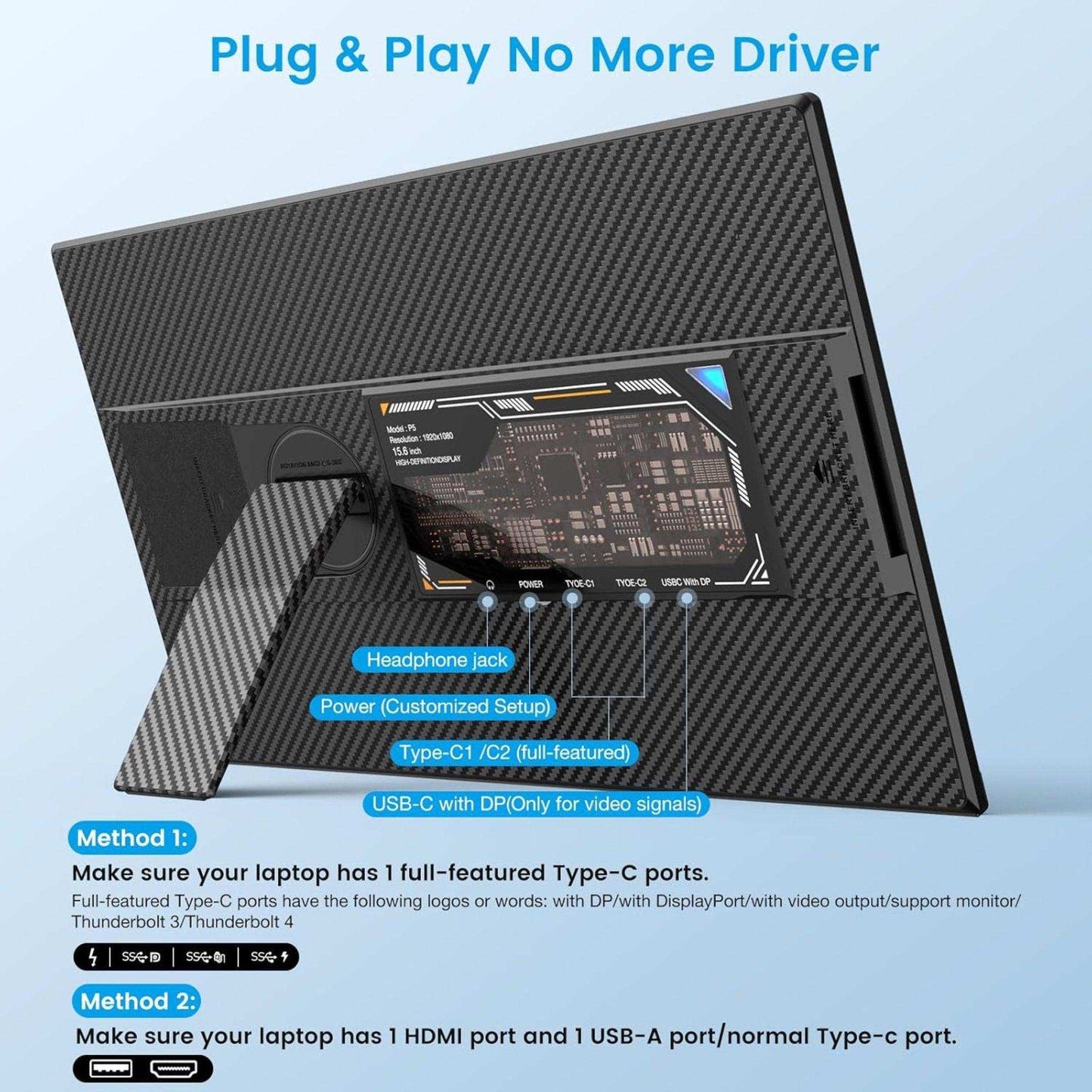 TUTT 15.6” Portable Monitor | Multi-Position IPS FHD Screen Extender | USB-C & HDMI, Built-in Speakers, P5