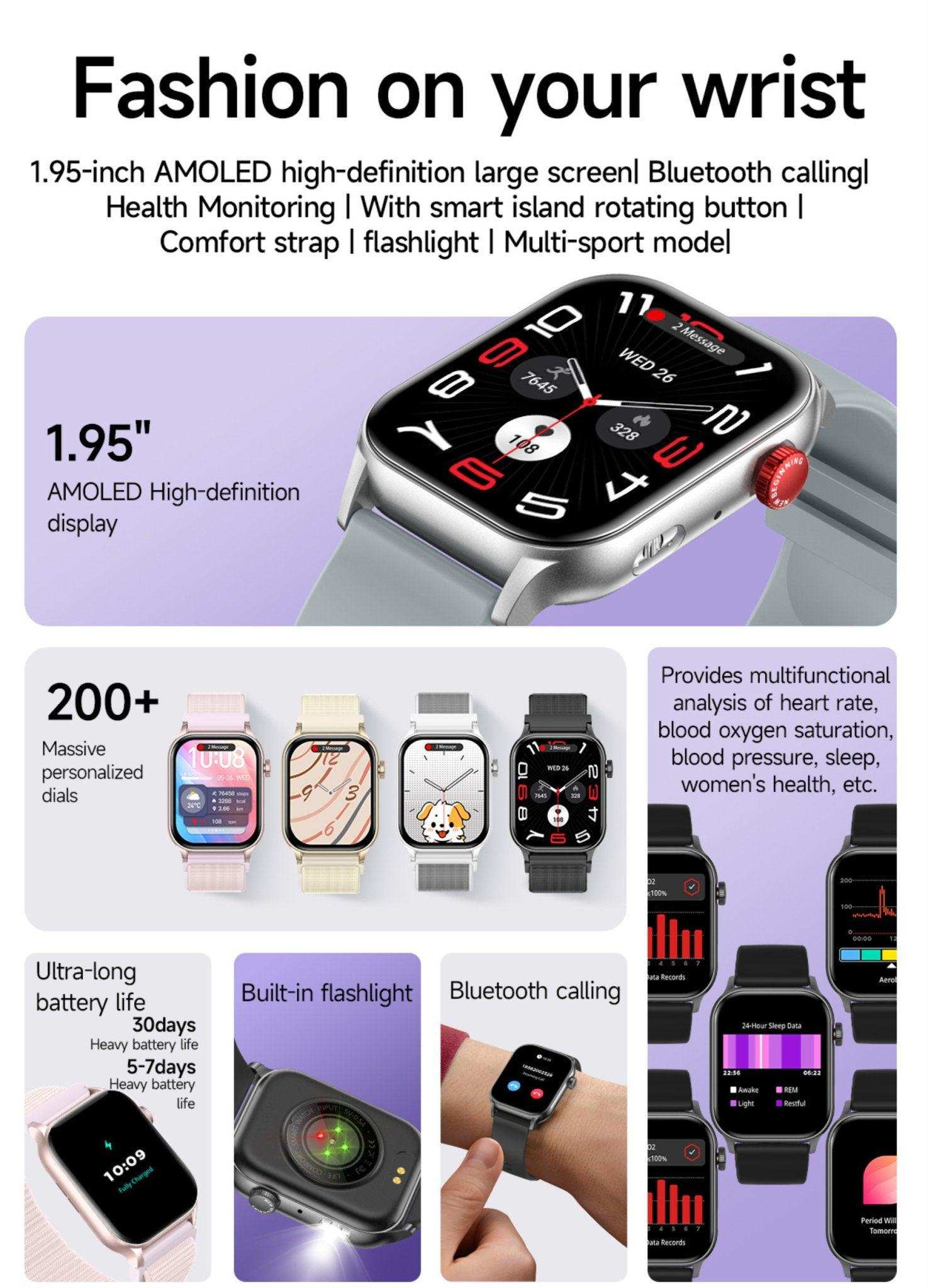 TUTT  Smartwatch for Men Women 1.95” AMOLED Screen | Flashlight BT Call Health and Fitness Tracking | K8 Smart Watchht BT Call Health and Fitness Tracking | K8 Smart Watch - www.Shopthatapp.com