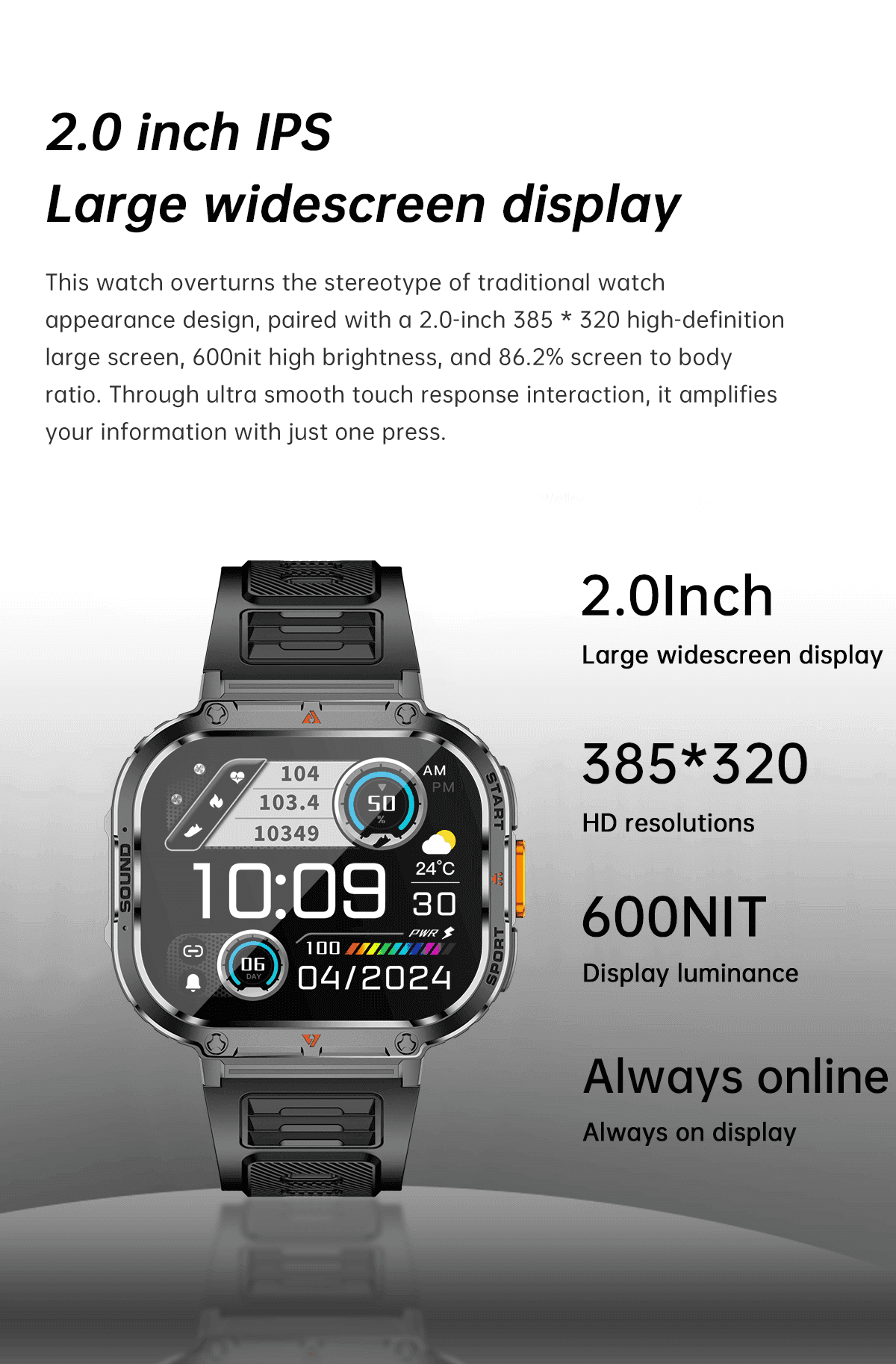 TUTT 2.0" Dial Smart Watch | Rugged Military | Health and Fitness Tracking | Flashlight | NX23 Smartwatches For Men - www.Shopthatapp.com