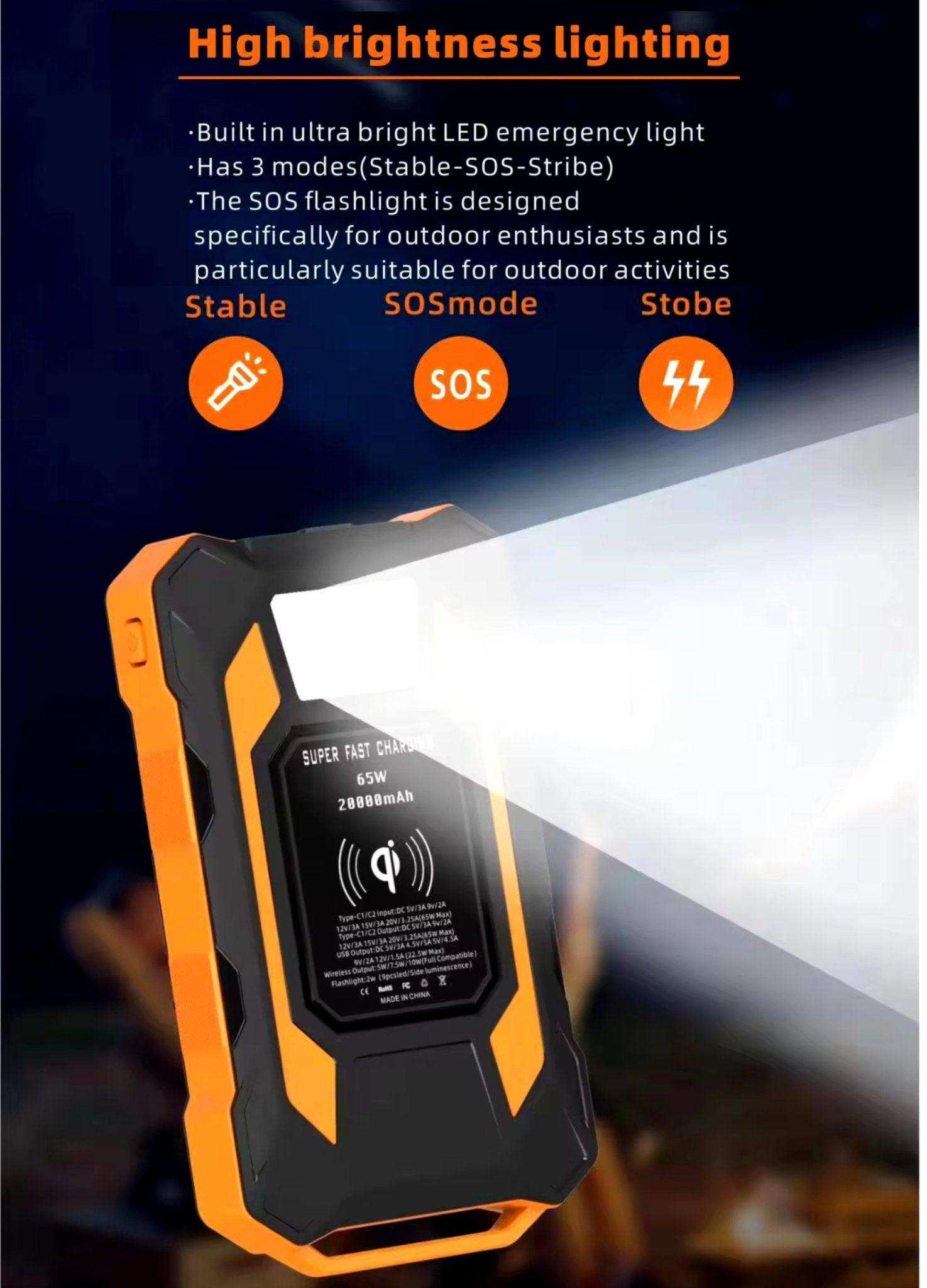 TUTT 20,000 mAh PD 65w Laptop Portable Rugged Power Bank | Fast Qi Wireless Charging | Emergency Flashlight | Outdoor Camping Charger | Notebook Tablet Smart Phone - www.Shopthatapp.com