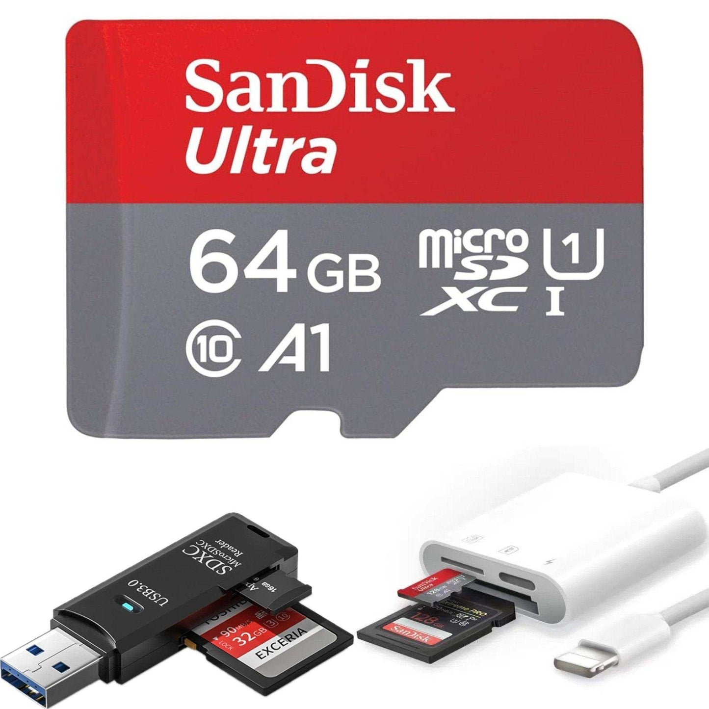 TUTT 3 in 1 | SanDisk 64/128/256/512GB 1TB Ultra microSDXC MicroSD Memory Card Up to 120MB/s, Full HD A1 + Lightning to SD Card iPhone iPad + 2-in-1 SD Card Reader USB3.0 5Gbps