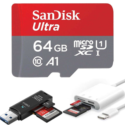 TUTT 3 in 1 | SanDisk 64/128/256/512GB 1TB Ultra microSDXC MicroSD Memory Card Up to 120MB/s, Full HD A1 + Lightning to SD Card iPhone iPad + 2-in-1 SD Card Reader USB3.0 5Gbps
