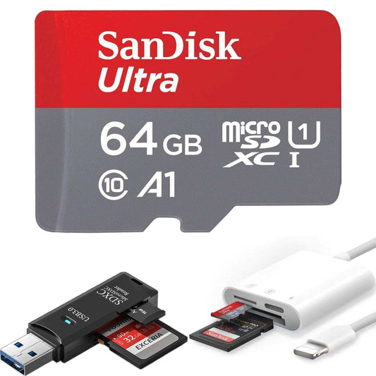 TUTT 3 in 1 | SanDisk 64/128/256/512GB 1TB Ultra microSDXC MicroSD Memory Card Up to 120MB/s, Full HD A1 + Lightning to SD Card iPhone iPad + 2-in-1 SD Card Reader USB3.0 5Gbps