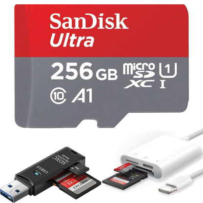 TUTT 3 in 1 | SanDisk 64/128/256/512GB 1TB Ultra microSDXC MicroSD Memory Card Up to 120MB/s, Full HD A1 + Lightning to SD Card iPhone iPad + 2-in-1 SD Card Reader USB3.0 5Gbps