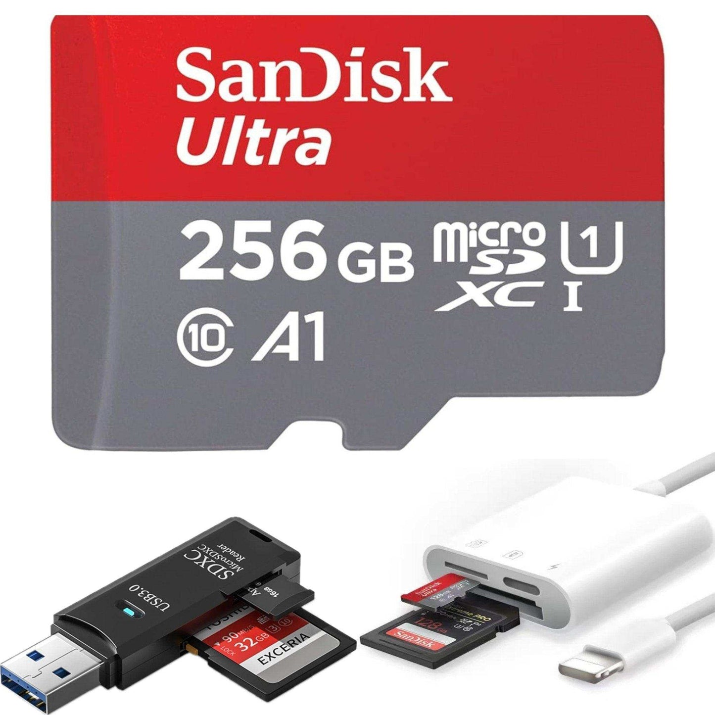TUTT 3 in 1 | SanDisk Extreme PRO®  64/128/256/512GB 1TB Ultra microSDXC MicroSD Memory Card Speed 200MB/s Read | 90MB/s + Lightning to SD Card iPhone iPad + 2-in-1 SD Card Reader USB3.0 5Gbps - www.Shopthatapp.com