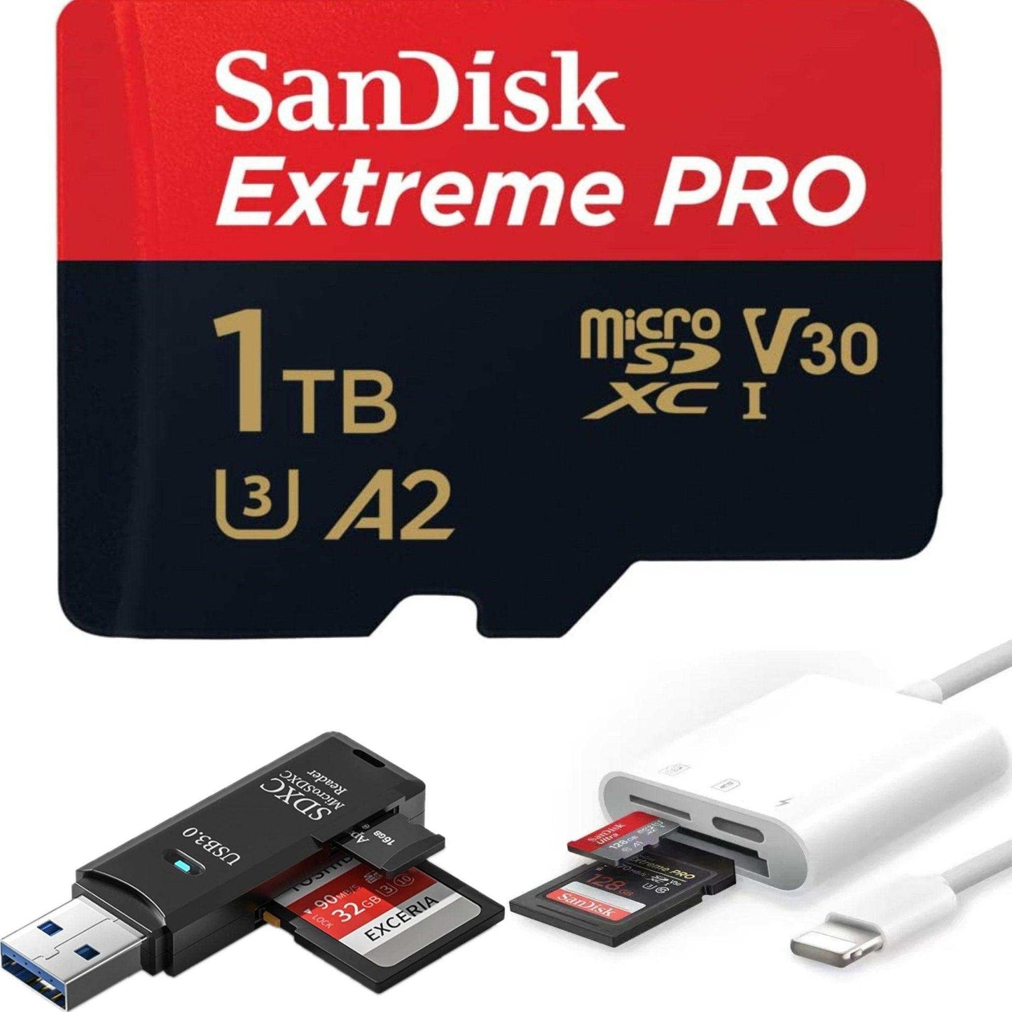TUTT 3 in 1 | SanDisk 64/128/256/512GB 1TB Ultra microSDXC MicroSD Memory Card Up to 120MB/s, Full HD A1 + Lightning to SD Card iPhone iPad + 2-in-1 SD Card Reader USB3.0 5Gbps