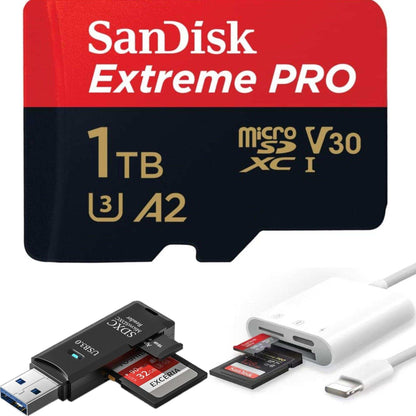 TUTT 3 in 1 | SanDisk 64/128/256/512GB 1TB Ultra microSDXC MicroSD Memory Card Up to 120MB/s, Full HD A1 + Lightning to SD Card iPhone iPad + 2-in-1 SD Card Reader USB3.0 5Gbps