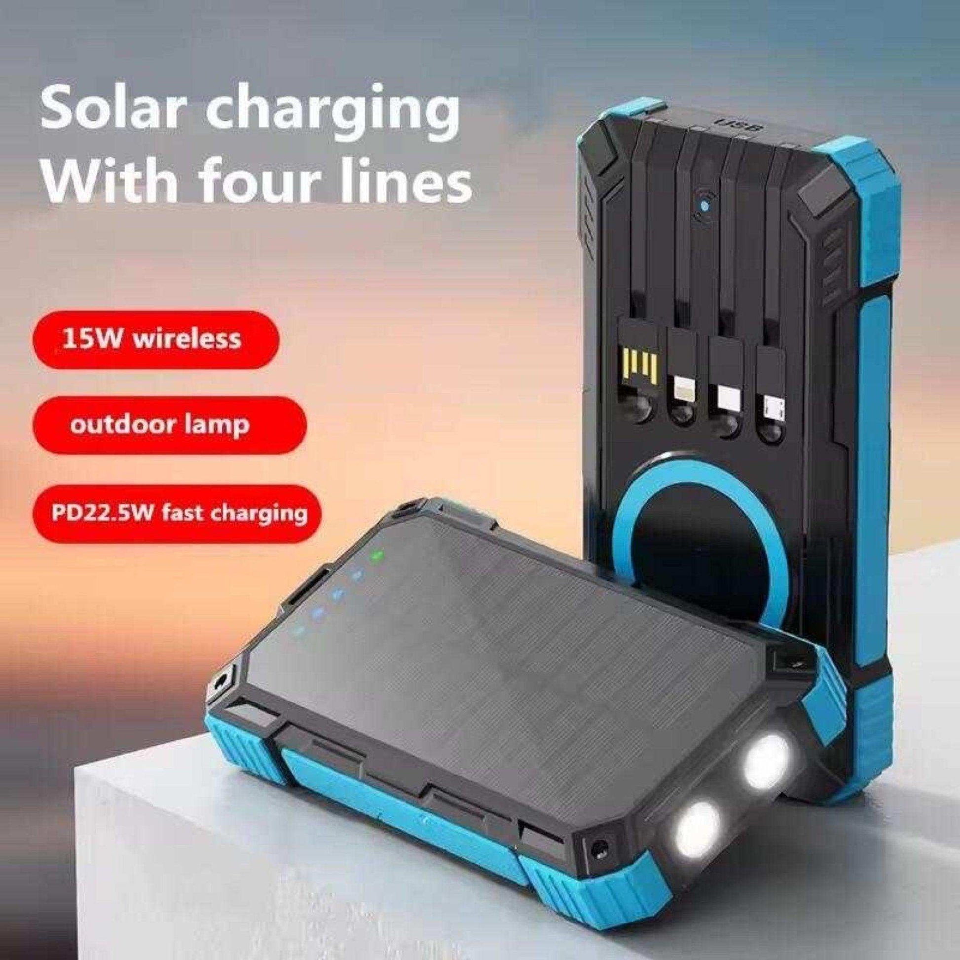 TUTT 30000mAh Portable Rugged Solar-Dual Mode Charging Waterproof Outdoor Power Bank | External Battery 4 Built-In USB Cables | Fast Wireless Charging | 7 Output With Flashlight SOS - www.Shopthatapp.com