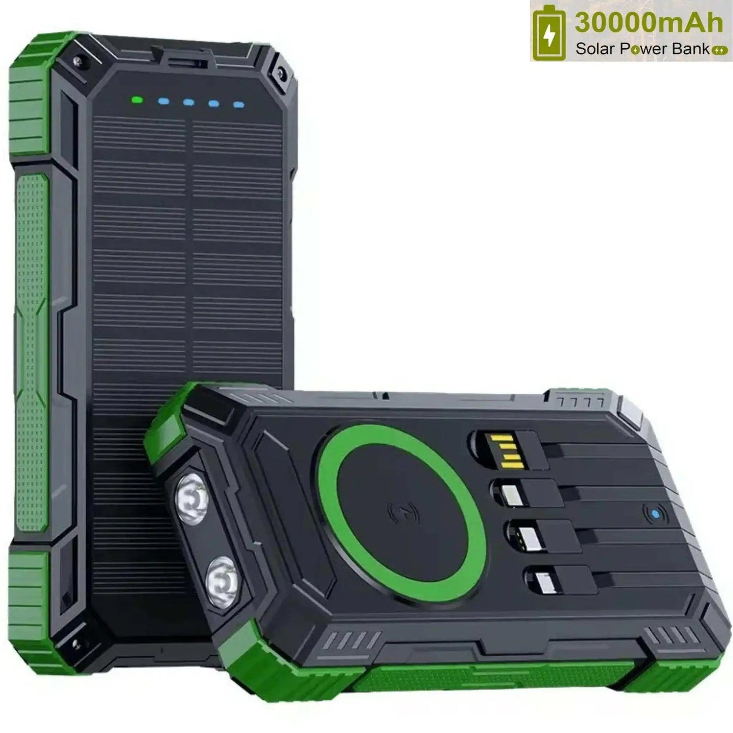 TUTT 30000mAh Portable Rugged Solar-Dual Mode Charging Waterproof Outdoor Power Bank | External Battery 4 Built-In USB Cables | Fast Wireless Charging | 7 Output With Flashlight SOS - www.Shopthatapp.com