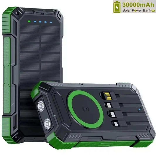 TUTT 30000mAh Portable Rugged Solar-Dual Mode Charging Waterproof Outdoor Power Bank | External Battery 4 Built-In USB Cables | Fast Wireless Charging | 7 Output With Flashlight SOS - www.Shopthatapp.com